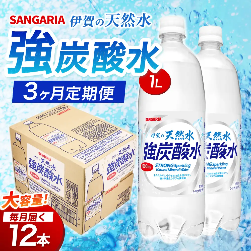 【3ヶ月定期便】強炭酸水 サンガリア　伊賀の天然水　強炭酸水　1ケース（1L×12本）炭酸【igge-tkb0010】