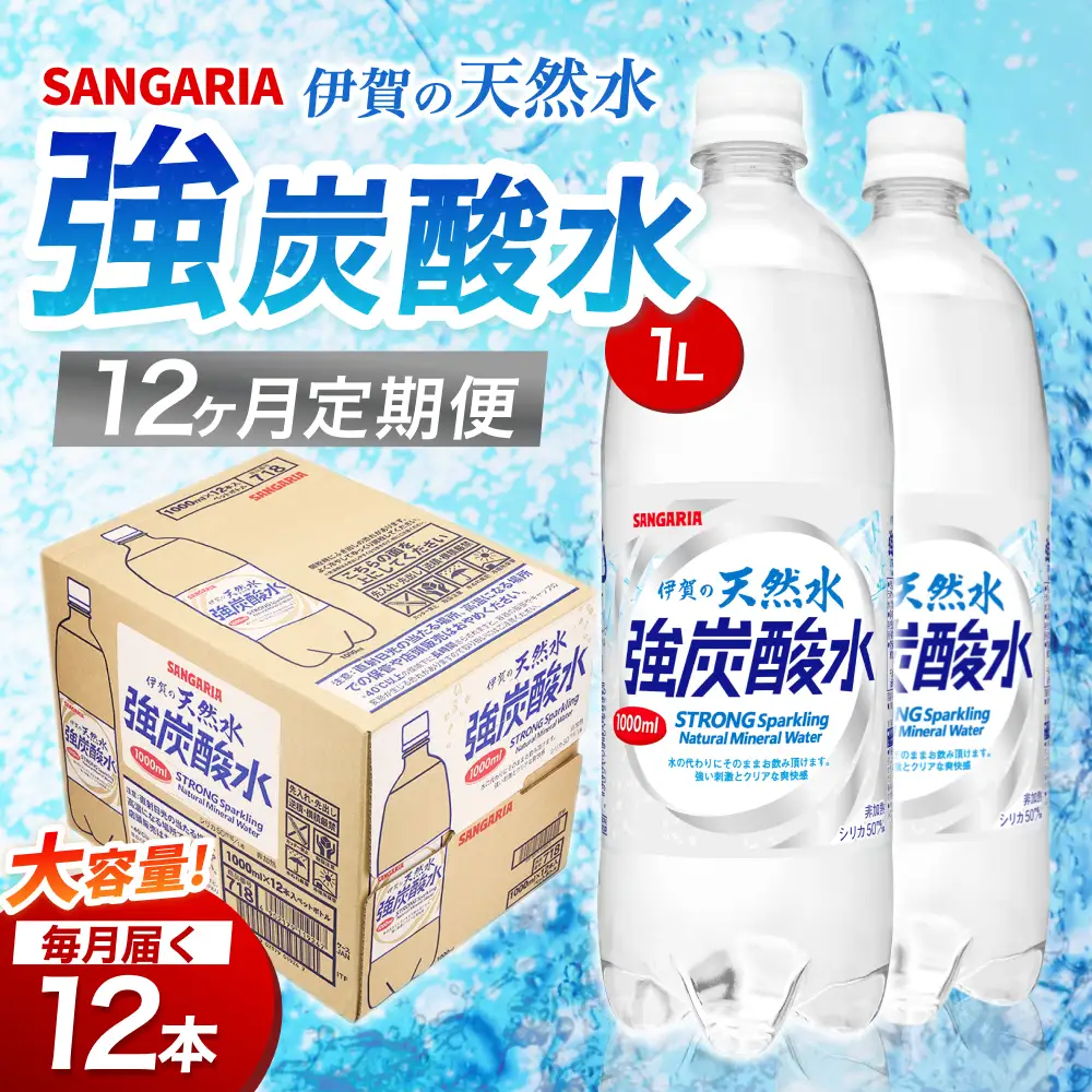 【12ヶ月定期便】強炭酸水 サンガリア　伊賀の天然水　強炭酸水　1ケース（1L×12本）炭酸【igge-tkb0012】