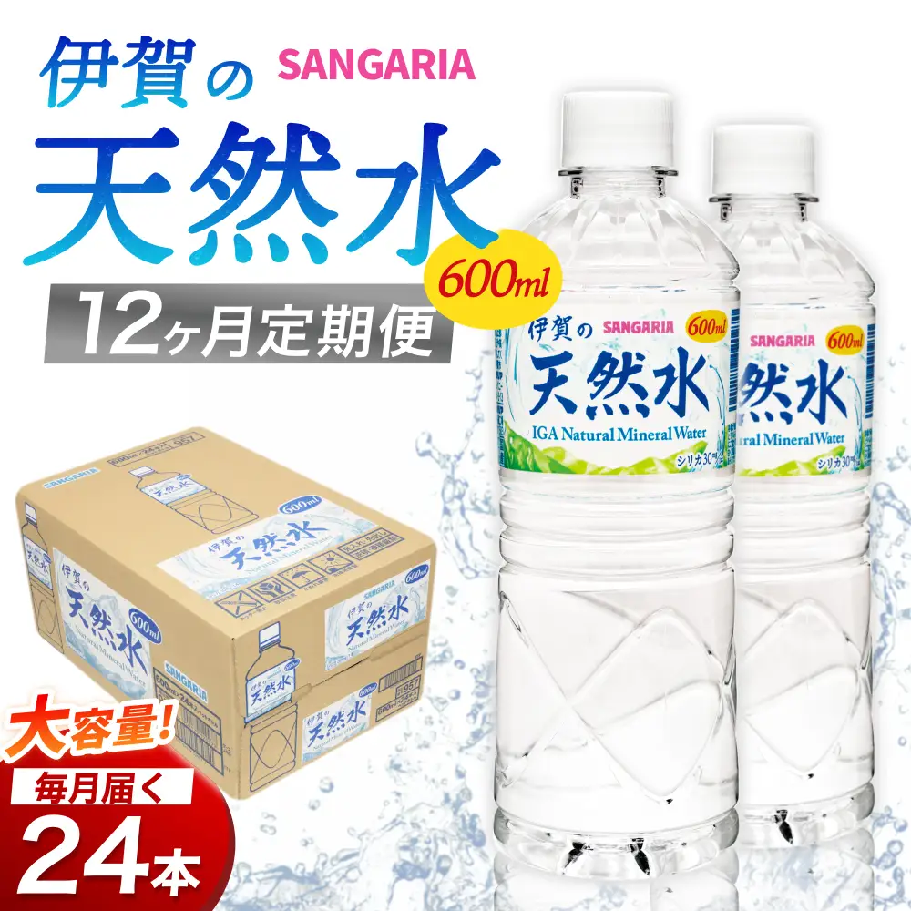 【12カ月定期便】天然水 サンガリア伊賀の天然水 １ケース（1ケース：600mL×24本）水【igge-tkb0020】