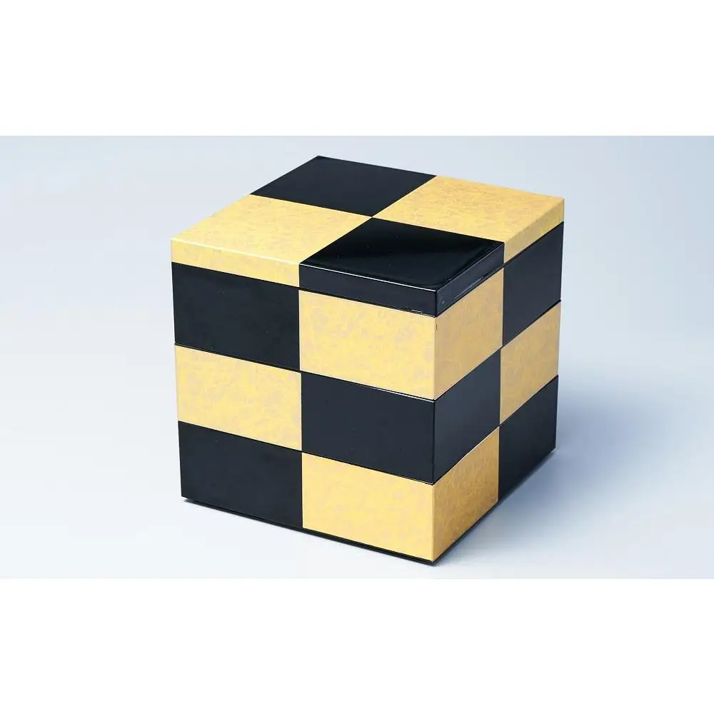 山中漆器　市松GOLD5.0三段重（黒）