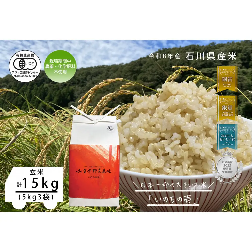 《令和8年産 新米 先行予約》【お米グランプリ3部門受賞】＜有機JAS認証米＞日本一粒の大きいお米『いのちの壱』玄米15kg