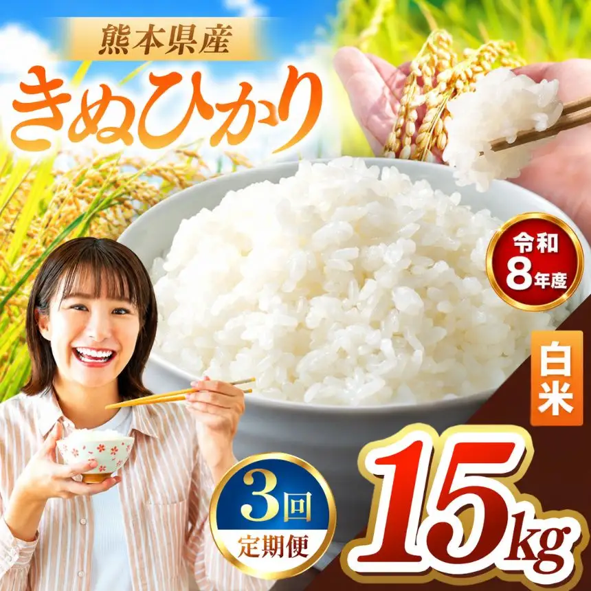 【 定期便 3回 】R8年産 熊本県産 白米 きぬひかり 15kg