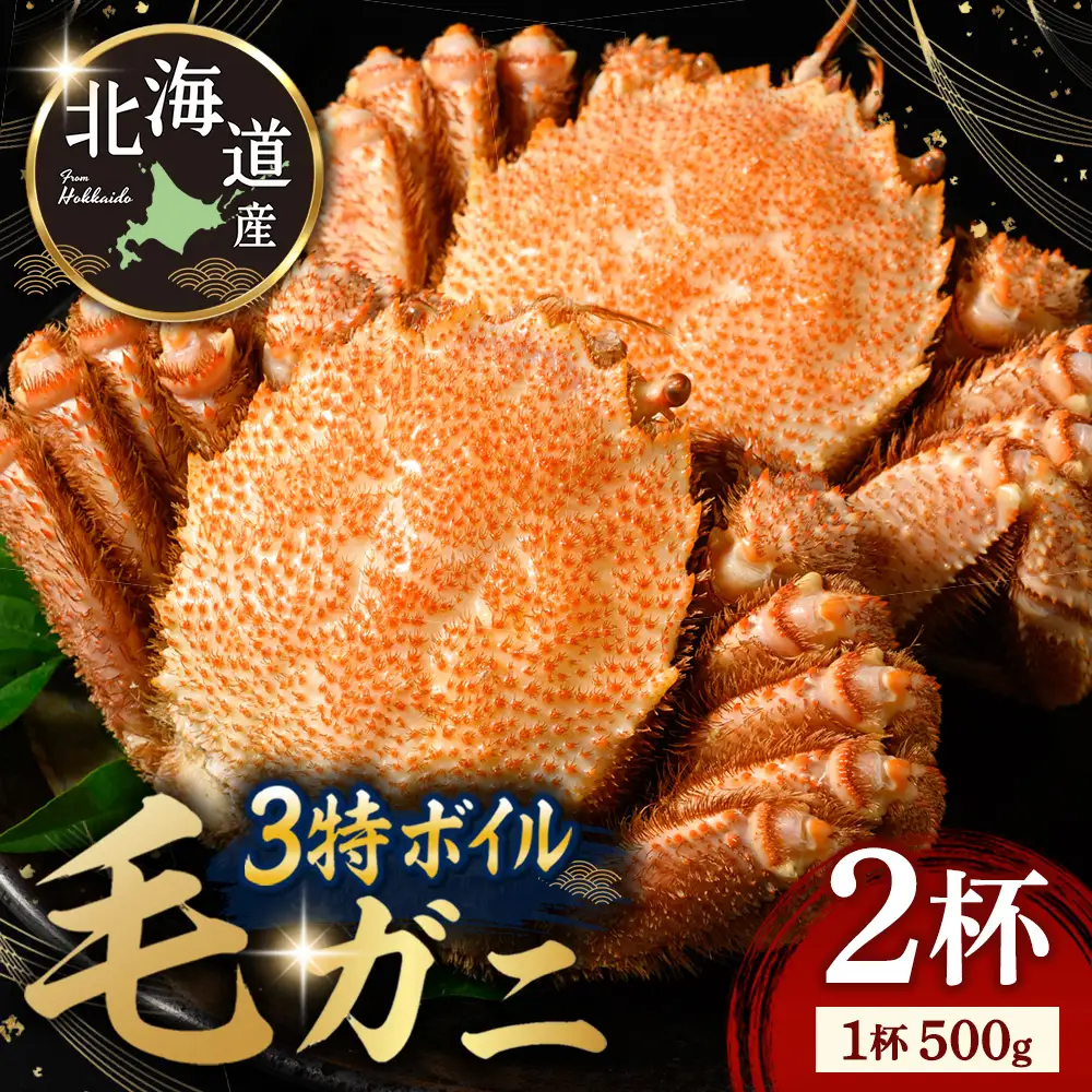 3特ボイル 毛ガニ 500g前後 2杯 | カニ 毛蟹 かに 海鮮 毛がに ボイル 北海道産 冷凍 毛カニ グルメ お取り寄せ 魚介類 海産物 茹で蟹 茹でガニ 北海道 濃厚 かに味噌 おかず 八雲町