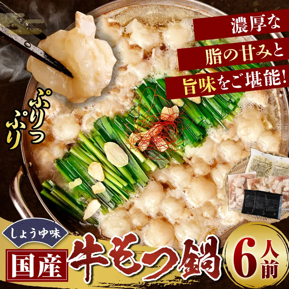【 順次発送 】 国産牛もつ鍋 6人前 ちゃんぽん 濃縮スープ付 （ 醤油味 ） もつ鍋 モツ鍋 鍋セット なべ おなべ 鍋の素 セット ホルモン 牛もつ モツ しょうゆ 醤油 名物 黒毛和牛