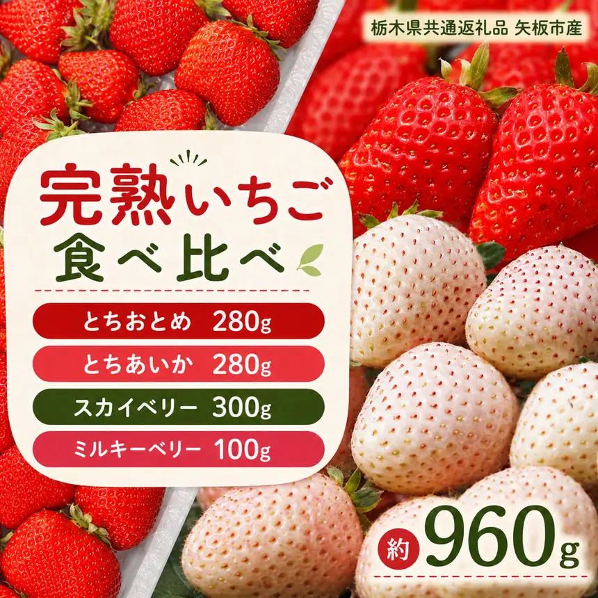 いちご4品種 食べ比べセット 960g （とちあいか・とちおとめ・ミルキーベリー・ スカイベリー）栃木県共通返礼品 矢板市産 いちご 果物 フルーツ 栃木県下野市