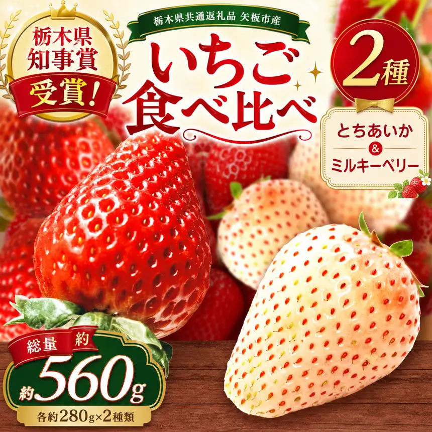 澳原さんの いちご2種類食べ比べ 560g（とちあいか280g・ミルキーベリー280g）栃木県共通返礼品 矢板市産 栃木県下野市