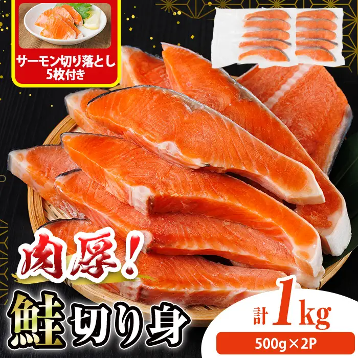 肉厚 鮭 切り身(計1kg・500g×2P)  サーモン切り落とし5枚付き！ 塩鮭 冷凍 厚切【AW-136】【丸正水産】