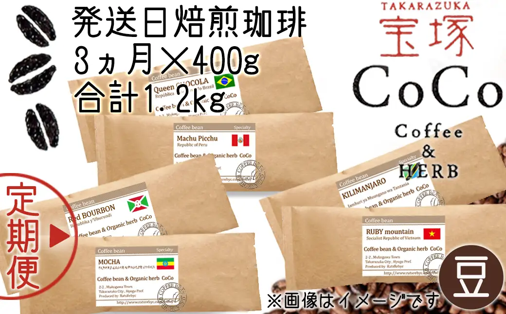 【宝塚】3ヶ月の定期便(発送日自家焙煎珈琲豆・全6種 計1.2kg)【豆】