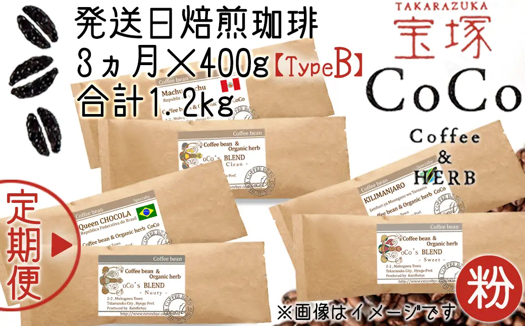 【宝塚】3ヶ月の定期便B(発送日自家焙煎珈琲豆・全6種 計1.2kg)【粉】