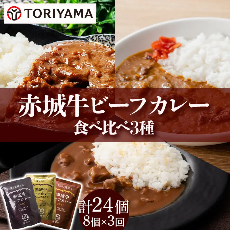【定期便・全3回】赤城牛ビーフカレー食べ比べ3種計24個（8個×3回） カレー レトルト 牛肉 銘柄牛 赤城牛 長期保存  F4H-0848