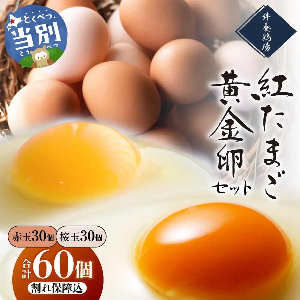 紅たまごと黄金卵 各30個セット | たまご タマゴ 平飼いたまご たまごかけご飯 玉子 生卵 卵焼 北海道 当別町