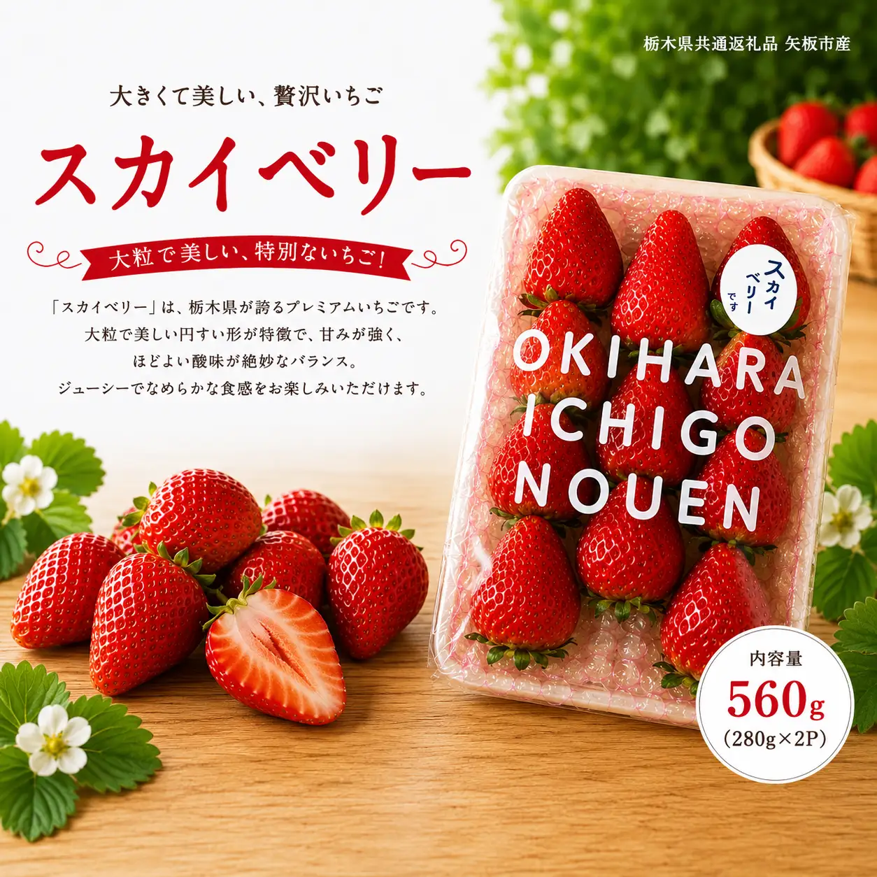 【先行予約】いちご スカイベリー 560g (280g×2P) | 栃木県 那珂川町 送料無料