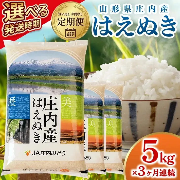 (2月～4月) ≪3ヶ月定期便≫ はえぬき 5kg×3ヶ月連続 計15kg 山形県庄内産 ご希望期間の毎月中旬頃お届け JA 農協 白米 ブランド米 お米 庄内米 東北 遊佐町 [1706T02]