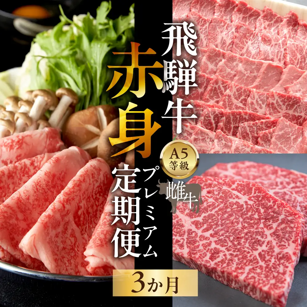 飛騨牛　A5 牝牛 赤身プレミアム 3か月定期便 ステーキ しゃぶしゃぶ すき焼き 3回　牛肉 モモ 焼肉 高級 黒毛和牛 和牛
