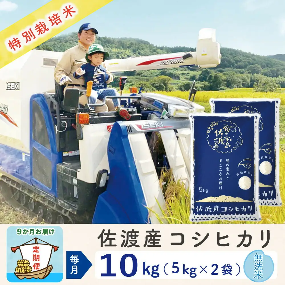 佐渡島産【9か月定期便 コシヒカリ】佐渡島産コシヒカリ 無洗米 合計90kg（10kg（5kg×2袋）×全9回）令和8年産 新米 特別栽培米 195962-3224