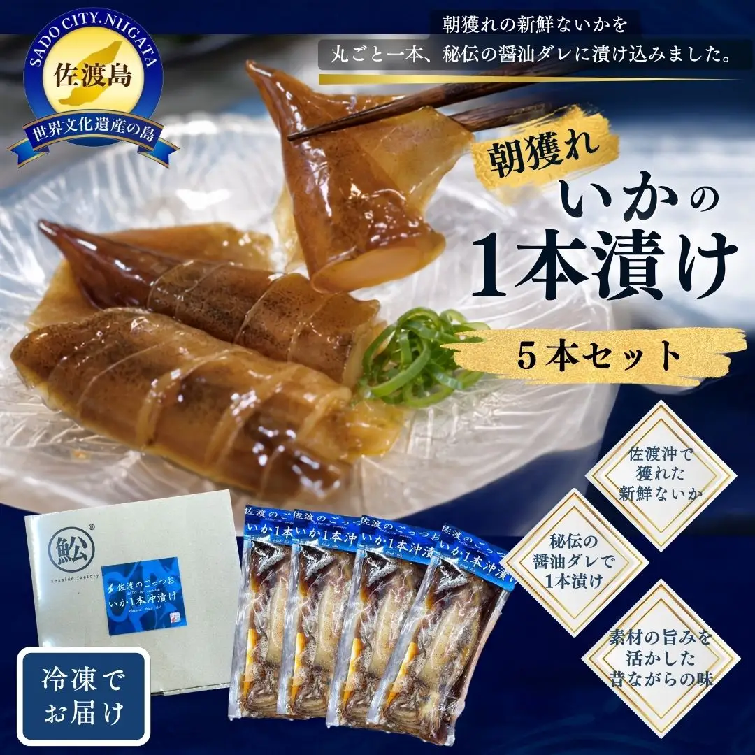 【佐渡産 朝獲れ いかの1本漬け5本セット】醤油だれ漬け 冷凍