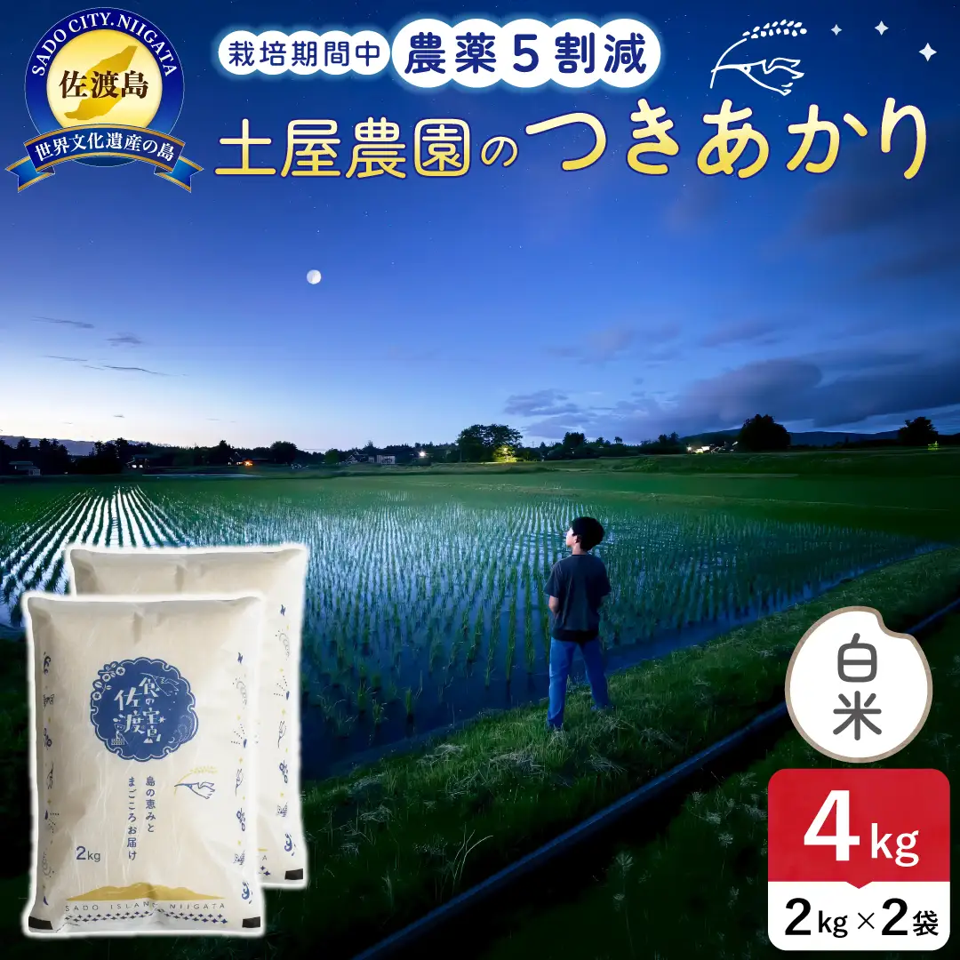 佐渡島産つきあかり 白米 4kg 令和8年産 農薬5割減 土屋農園 195962-061202