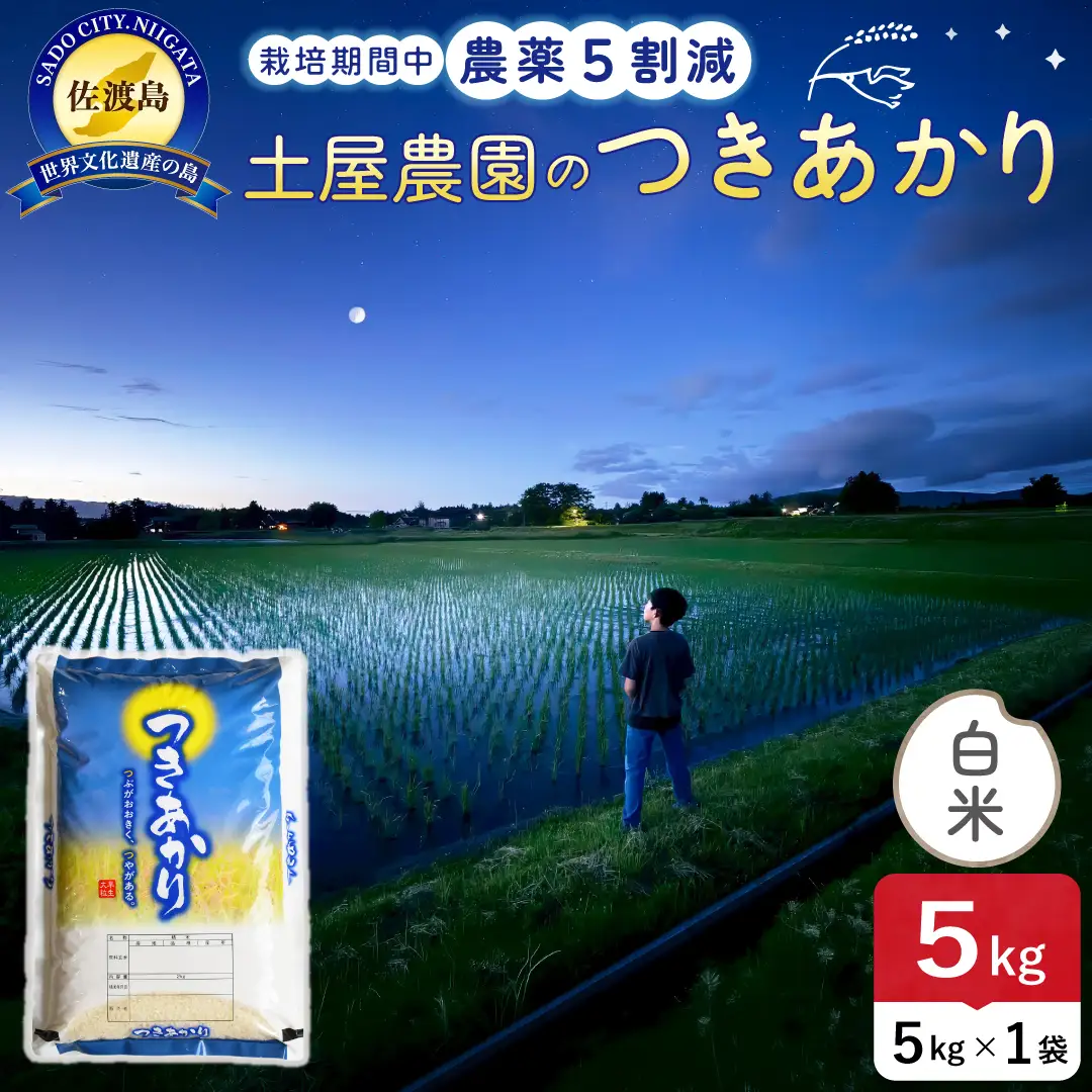 佐渡島産つきあかり 白米 5kg 令和8年産 農薬5割減 土屋農園 195962-061302