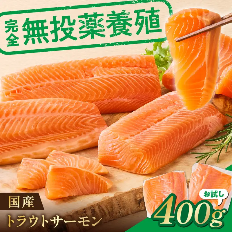 無投薬 国産 トラウトサーモン 小分け 400g以上 刺身用【宗像陸上養殖】_AS2096-00 無投薬 国産 鮭 サーモン 200 400 福岡県宗像市 宗像市 福岡 宗像