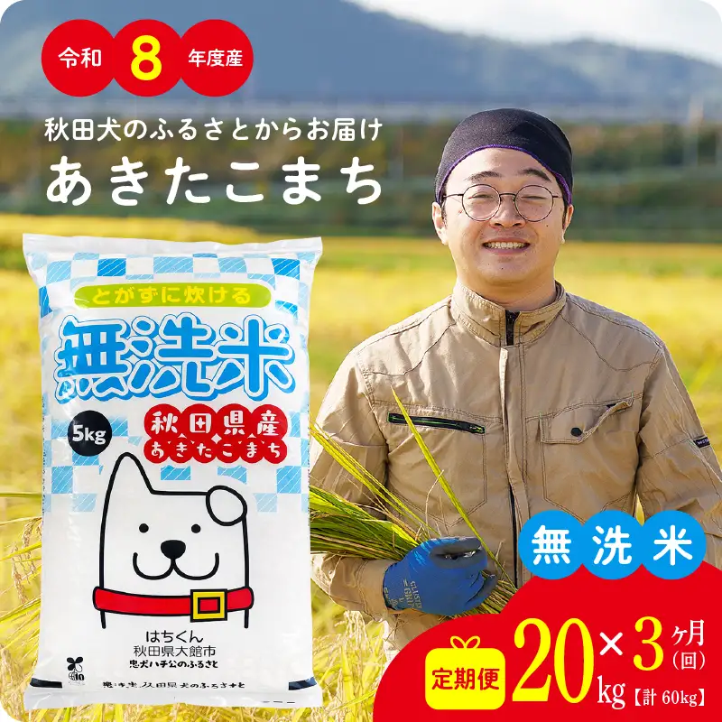 《令和8年産》【3ヶ月20kg定期便】無洗米 あきたこまち 無洗【ふるさと納税3.0】【真正ファーム】