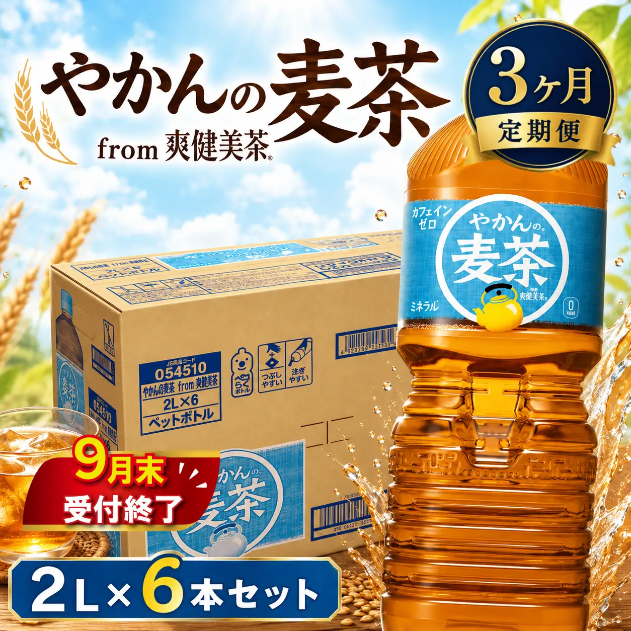 3ヶ月 定期便 やかんの麦茶 PET 2L × 6本 セット 麦茶
