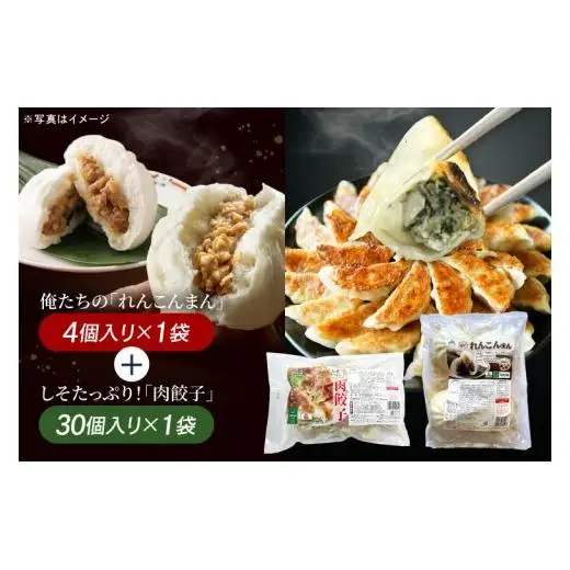 レンコンまん 肉餃子 俺たちのれんこんまん 4個×1袋 しそたっぷり肉餃子 30個×1袋 ローズポーク ブランド豚 肉まん 餃子  中華 そうざい 蓮根 シソ 惣菜  レンコン 時短 レンジ調理　簡単調理 冷凍 【茨城県共通返礼品/行方市産】（96-06）