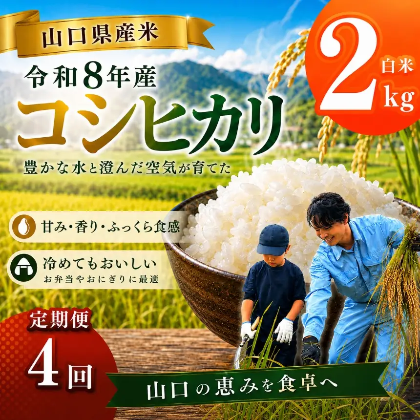 令和8年度産 山口県産 コシヒカリ 2㎏ 定期便 4回発送