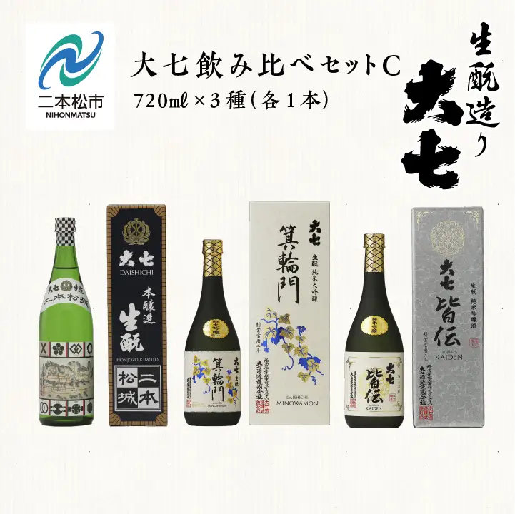 大七酒造 「大七飲み比べセットC」 箕輪門・皆伝・本醸造生もと二本松城 720ml×3種【道の駅「安達」智恵子の里】