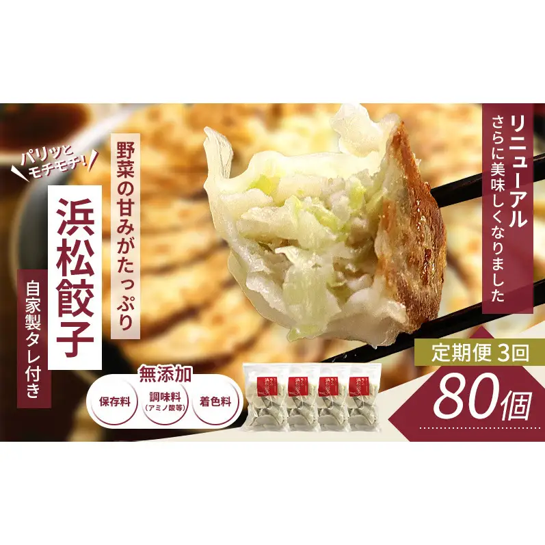 【定期便3回】浜松餃子 80個 (20個×4袋) セット 詰め合わせ 餃子のたれ 小袋 知久屋 国産 ぎょうざ 餃子 ギョーザ 冷凍餃子 冷凍ギョーザ 工場直送 ヘルシー あっさり 惣菜 中華 点心 静岡 浜松市 【配送不可：離島】