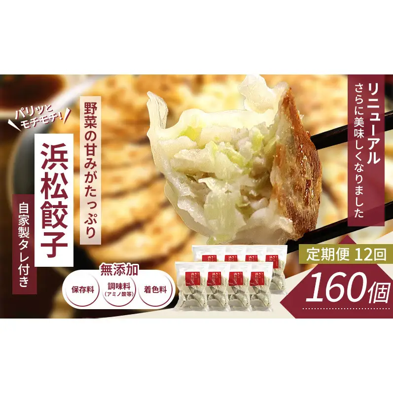 【定期便12回】浜松餃子 160個 (20個×8袋) セット 詰め合わせ 餃子のたれ 小袋 知久屋 国産 ぎょうざ 餃子 ギョーザ 冷凍餃子 冷凍ギョーザ 工場直送 ヘルシー あっさり 惣菜 中華 点心 静岡 浜松市 【配送不可：離島】