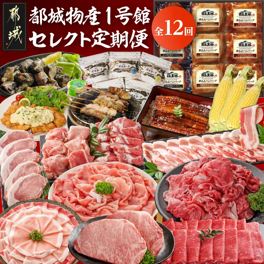 【☆セレクト定期便☆】都城物産1号館☆定期便(12ヶ月)≪2027年お届け≫〔S-001-T12-2027〕_(都城市) 宮崎県 ブランド豚 しゃぶしゃぶ 魚 ナッツ 宮崎牛 黒毛和牛 ステーキ 切り落とし すき焼き チキン南蛮 スイートコーン 味来コーン うなぎ 蒲焼 焼鳥 炭火焼 煮込みハンバーグ 定期便 12回 1年