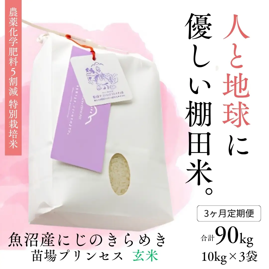 【令和8年産】【3ヶ月定期便】【農薬化学肥料5割減】魚沼産にじのきらめき苗場プリンセス特別栽培米 玄米 30kg(10kg×3) 計90kg | 津南町 にじのきらめき