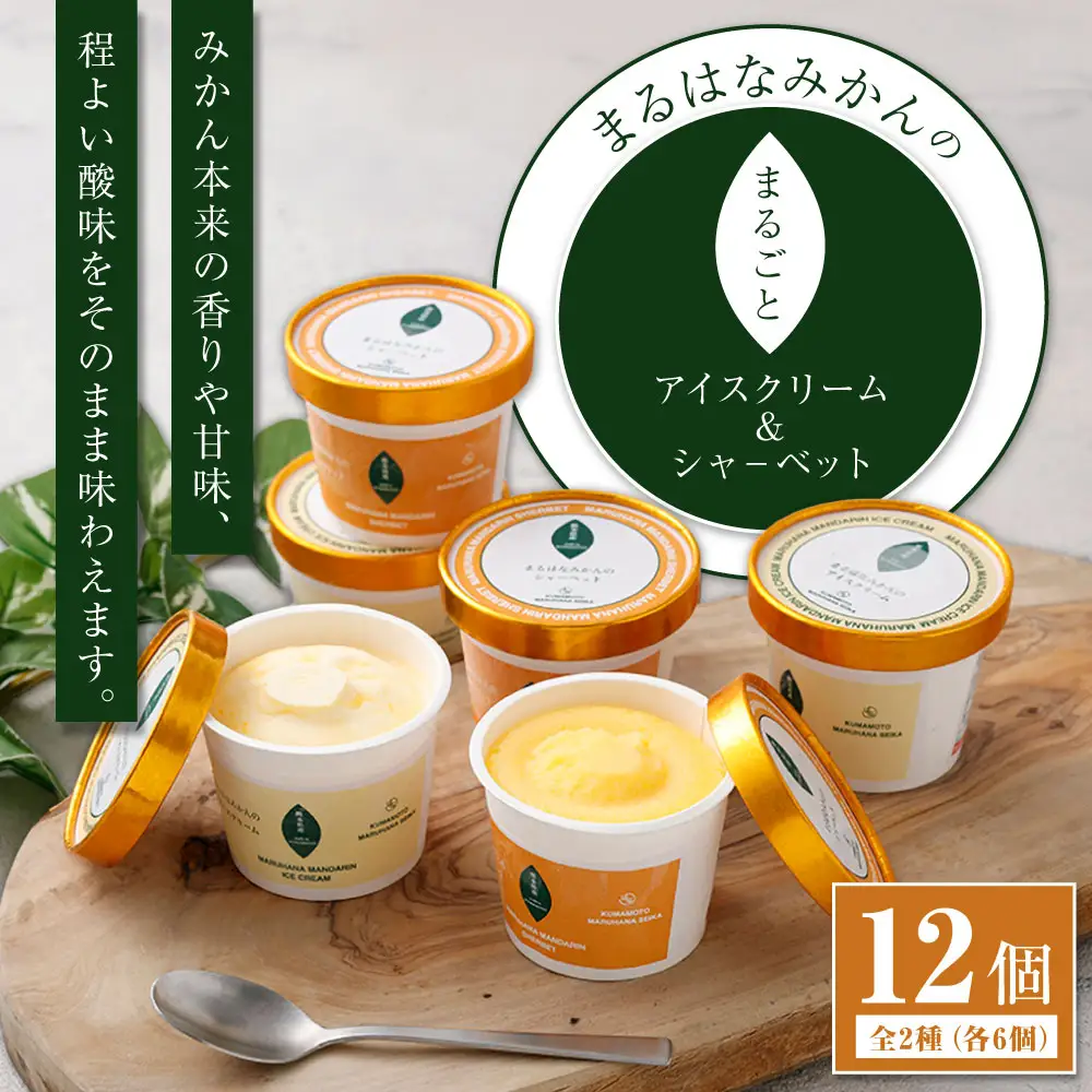 まるはなみかんのまるごと アイスクリーム ＆ シャ－ベット 12個 みかん ミカン スイーツ お菓子 おかし 菓子 アイス 高濃度みかん 果実 果物 くだもの 柑橘 甘い 酸味 フルーツ 冷凍