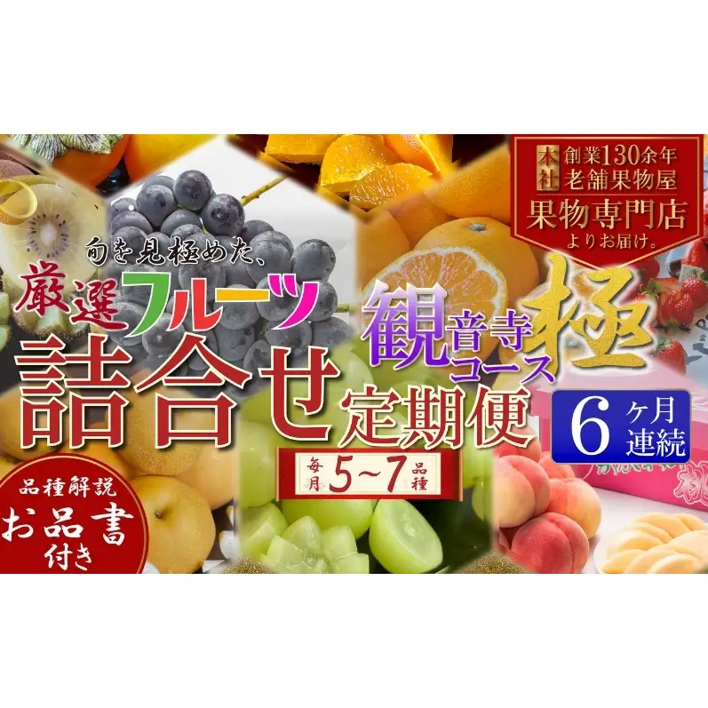 定期便　旬を見極めた、厳選フルーツ詰合せ【観音寺コース-極-】6ヶ月連続　（いちご、みかん、はっさく、せとか、スイートスプリング、清見オレンジ、甘夏みかん、桃、梨、ぶどう、マスカット、柿）