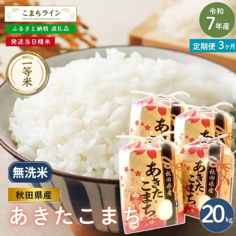 3回定期便 》 米 令和7年産 あきたこまち 無洗米 20kg×3回 秋田県産 米
