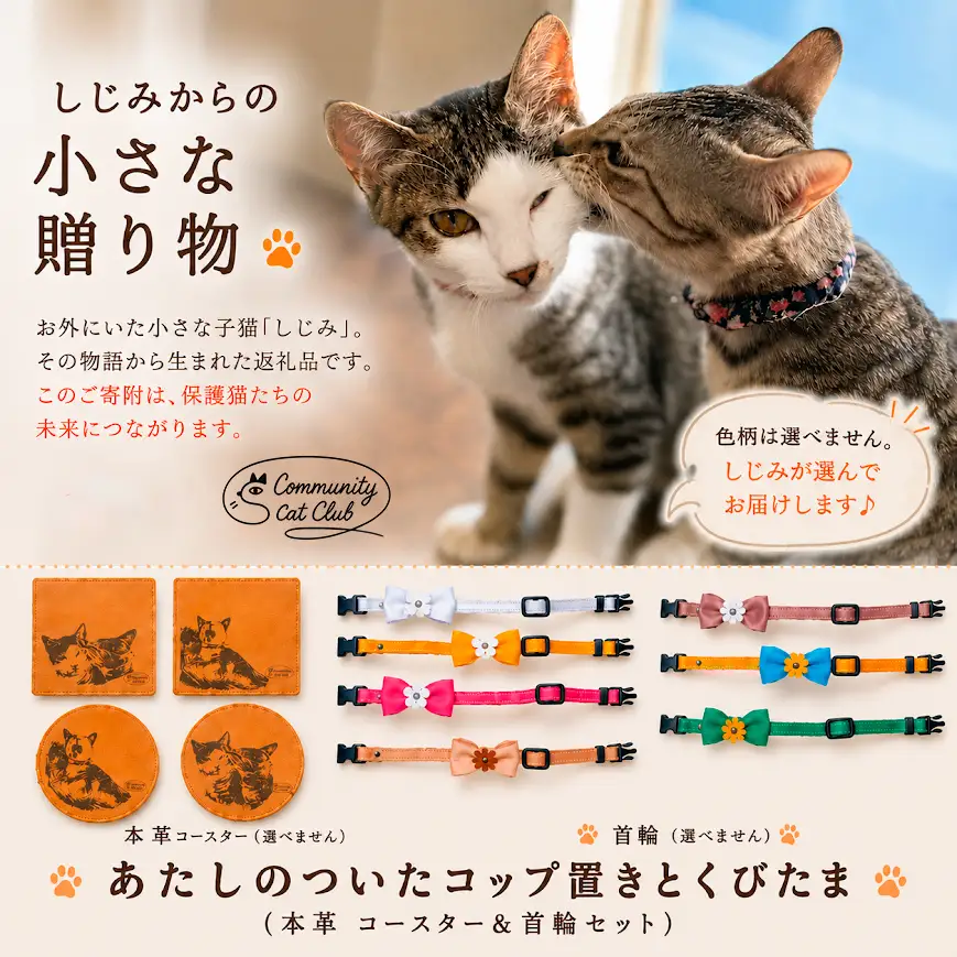 しじみからの小さな贈り物 －あたしのついたコップ置き と くびたま－ (本革 コースター1個＆首輪1個セット) 猫
