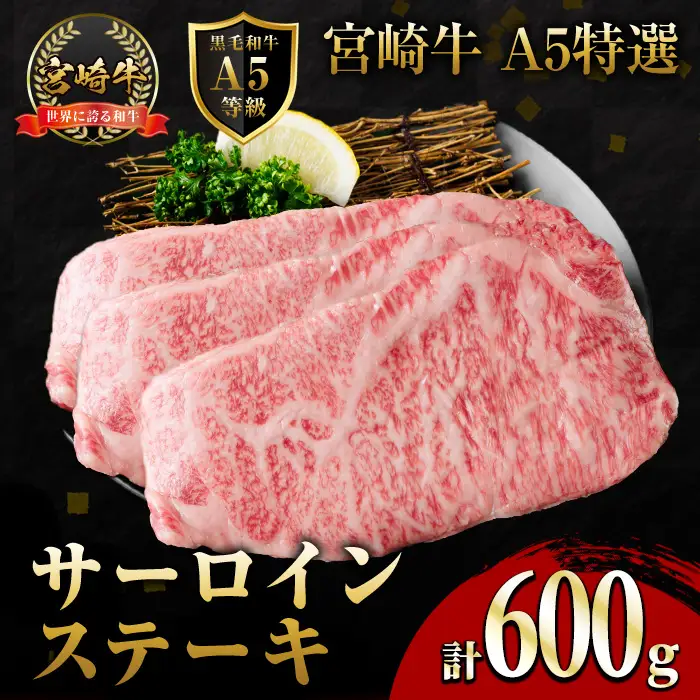 新鮮チルド便 宮崎牛 A5 特選 サーロイン ステーキ(計600g・200g×3P) 和牛 BBQ アウトドア キャンプ 小分け パック 冷蔵 真空パック ブランド牛 ランク パーティー ご褒美 おかず【OT-06】【KNOT合同会社】