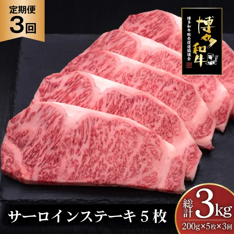 肉 博多和牛 サーロインステーキ 200g 5枚 計 1kg 3回 定期便 総計 3kg