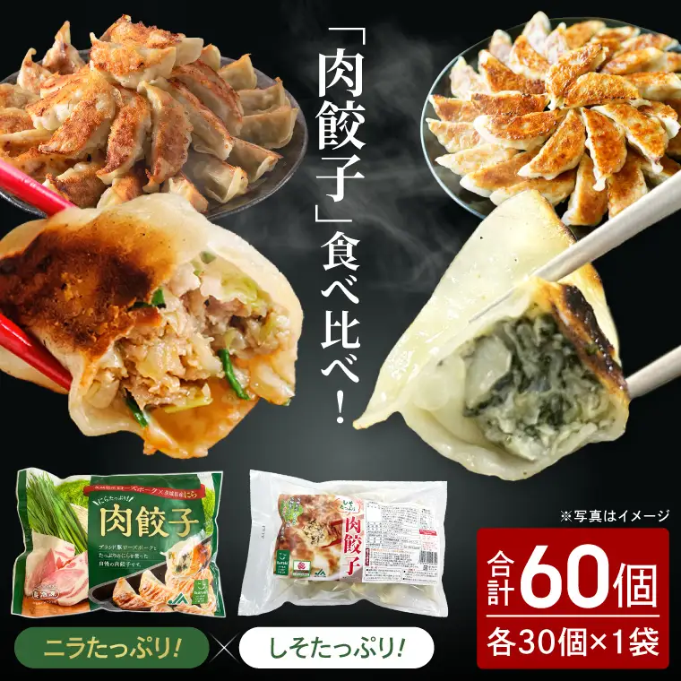 餃子 肉餃子 しそたっぷり肉餃子 ニラたっぷり肉餃子 各30個×2袋 ローズポーク ブランド豚 ぎょうざ 中華 そうざい 青しそ シソ にら 惣菜 時短 簡単調理 冷凍 【茨城県共通返礼品/行方市産】（96-08)