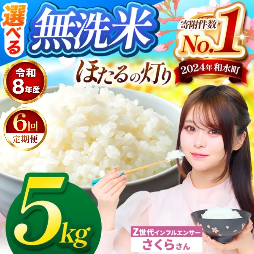 【 新米 予約 】 【 定期便 6回 】 令和8年産 熊本県産 ほたるの灯り 無洗米 5kg こめ 米 訳あり 規格外