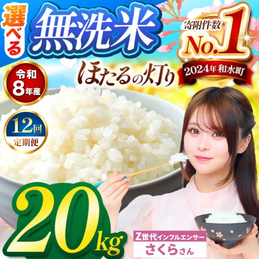 【 新米 予約 】 【 定期便 12回 】 令和8年産 熊本県産 ほたるの灯り 無洗米 20kg こめ 米 訳あり 規格外