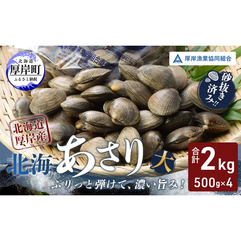 あさり【4月～6月発送】北海道 厚岸町産 天然 殻あさり(大) 500g×4　【厚岸漁業協同組合】[ アサリ 貝 味噌汁 酒蒸し 混ぜご飯 ] 