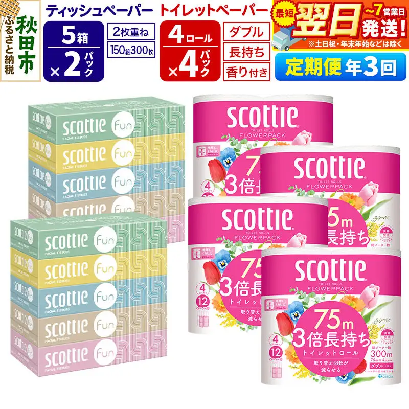《4ヶ月ごとに3回お届け》スコッティ トイレットペーパー ダブル 3倍長持ち 香り付 4ロール×4パック＆ティッシュペーパー ファン 150組 5箱×2パック 秋田市オリジナル 最短翌日発送