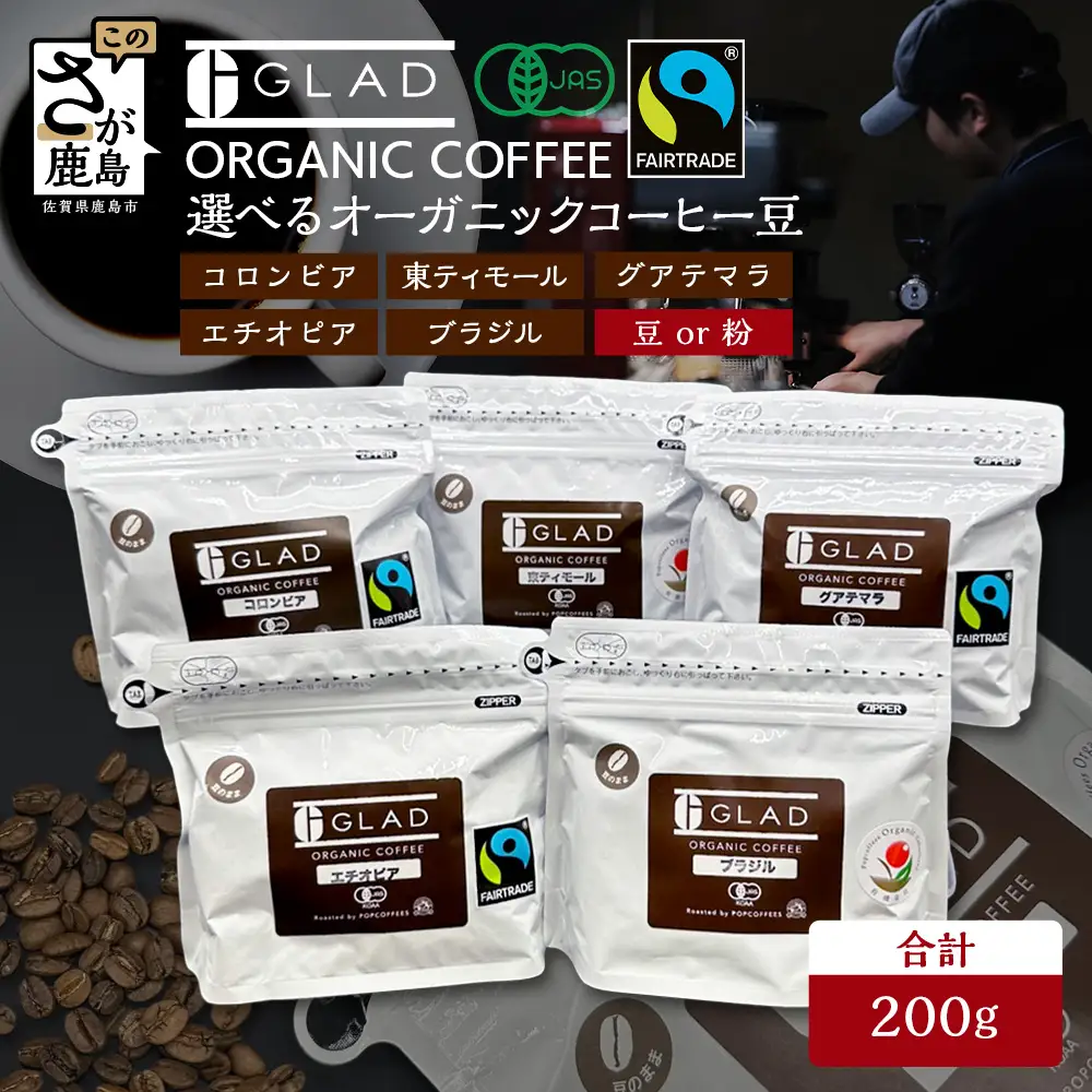 コーヒー豆 珈琲豆 オーガニックコーヒー豆 1袋 (200g) 全5種 《 選べる豆 or 粉 》有機JAS フェアトレード コーヒー 佐賀県 鹿島市 A-254