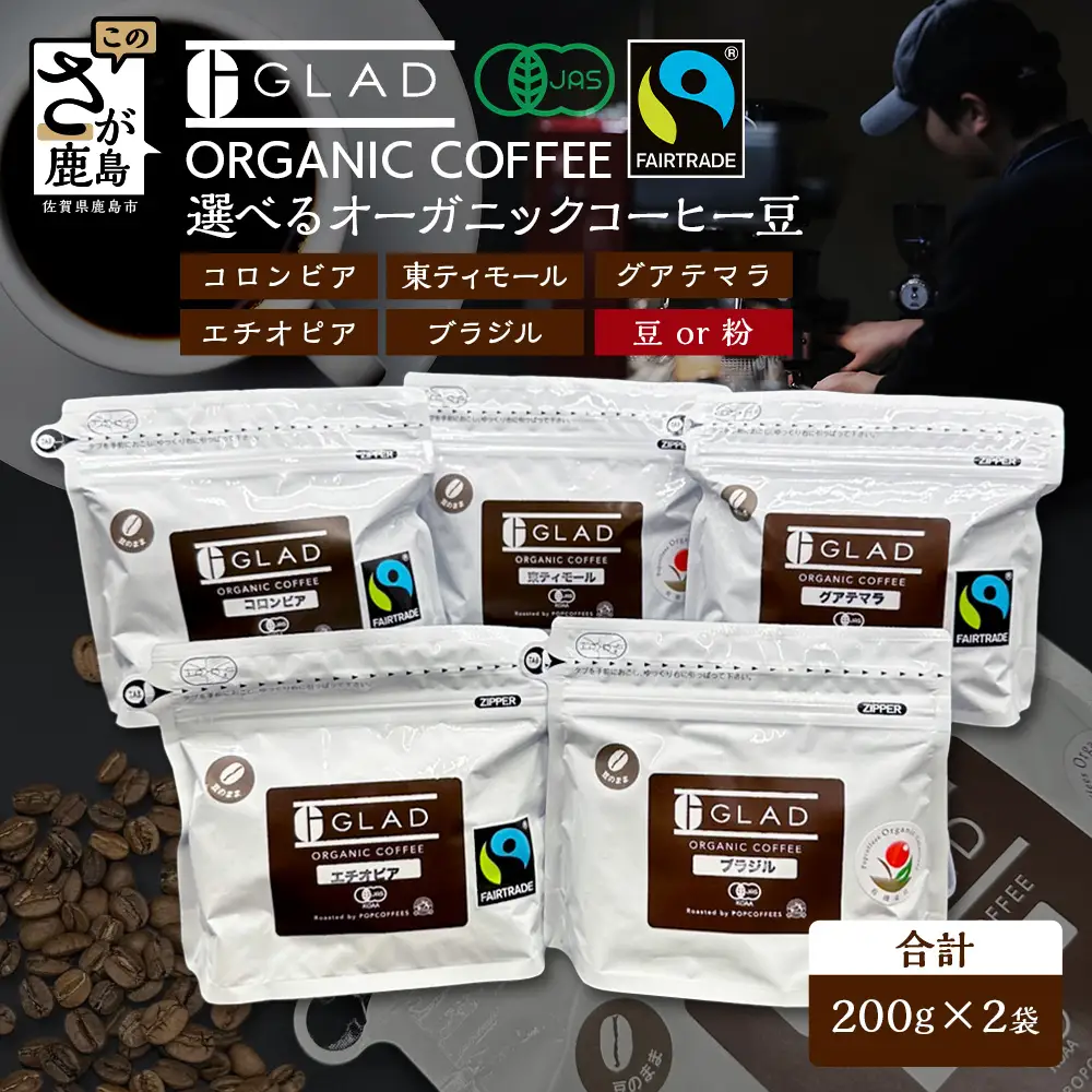 コーヒー豆 珈琲豆 オーガニックコーヒー豆 2袋 (1袋200g) 全5種 《 選べる豆 or 粉 》有機JAS フェアトレード コーヒー 佐賀県 鹿島市 B-931