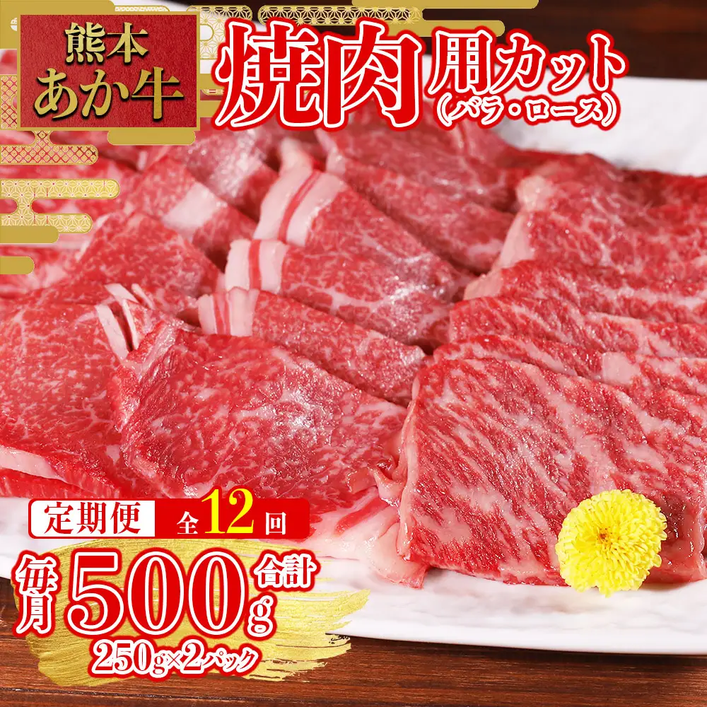 【定期便12回】熊本和牛 あか牛 焼肉用 カット バラ ロース 500g (250g×2パック)×12回配送