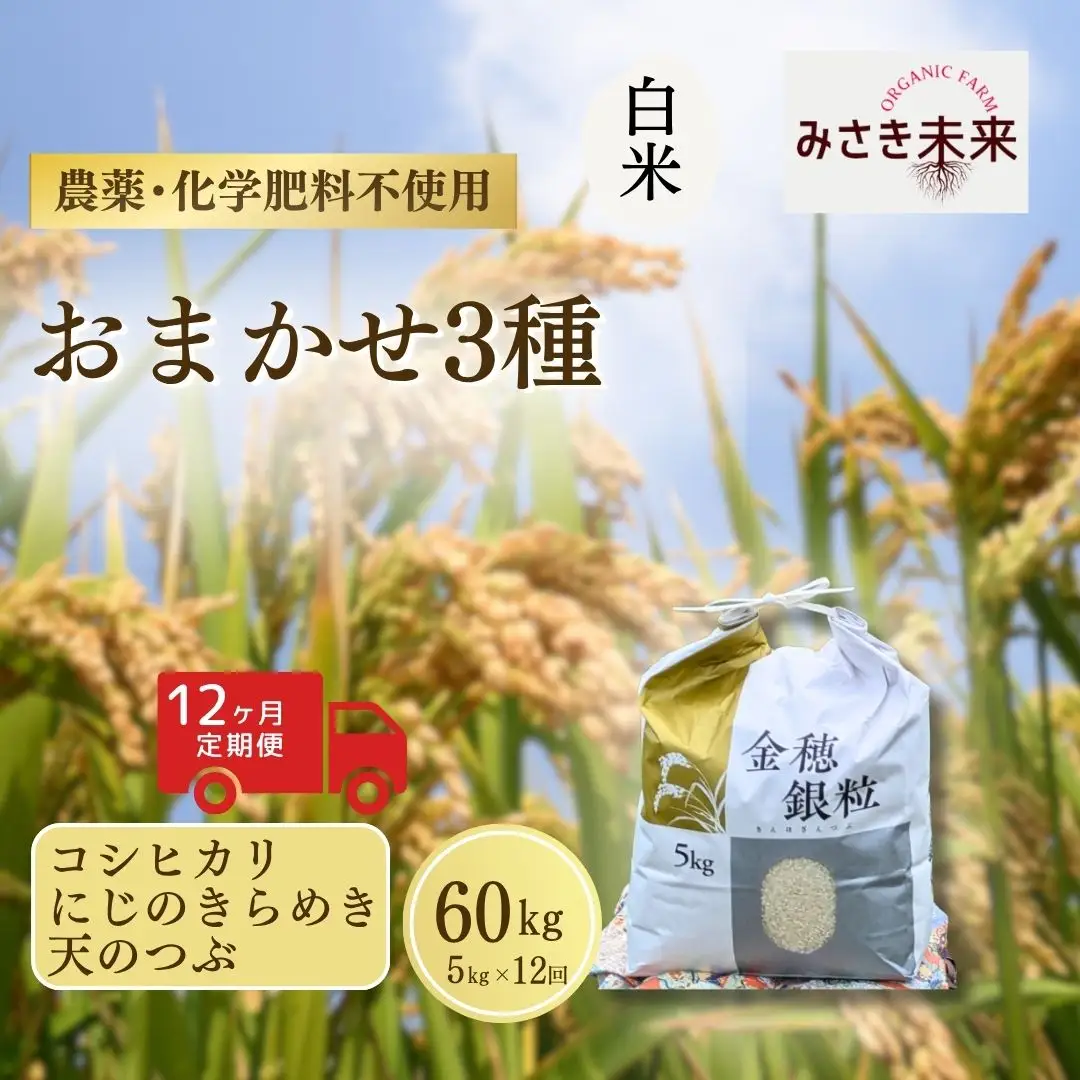 【先行予約】【12か月定期便】白米おまかせ3品種 各品種・計180kg (5kg×12回) 令和8年産 コシヒカリ・にじのきらめき・天のつぶ | 南相馬 みさき未来
