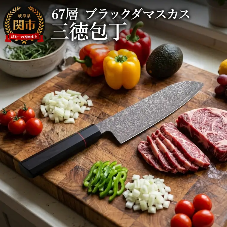 67層 ブラックダマスカス三徳包丁
