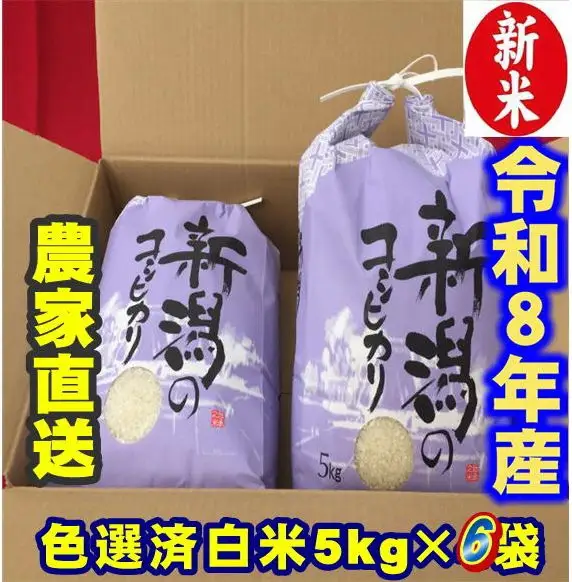 【令和8年産新米】 新潟県産 「従来こしひかり」 白米 30kg（5kg×6袋） 阿賀野市産 中島農場 精米 新潟県 米 こめ コメ お米 ごはん ご飯 農家直送 色彩選別済 新米 令和8年産 3R19088