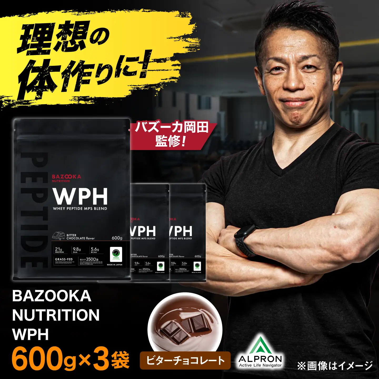 プロテイン BAZOOKA NUTRITION WPH（ホエイペプチド）＜ビターチョコレート＞ 600g 3個セット｜バズーカ岡田監修 [AIEN009]